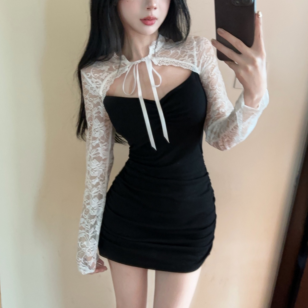 Lace perspective hollow package hip slim frenum dress