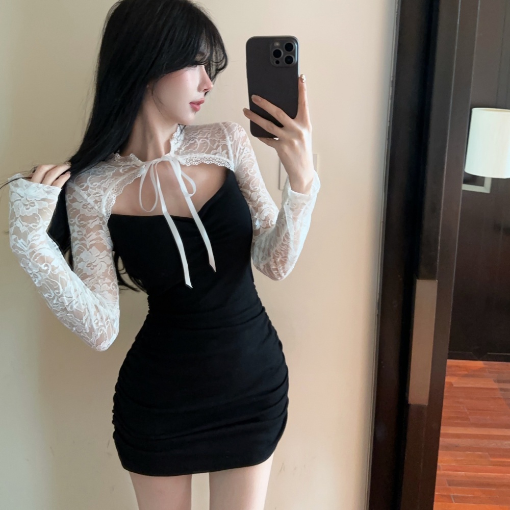 Lace perspective hollow package hip slim frenum dress