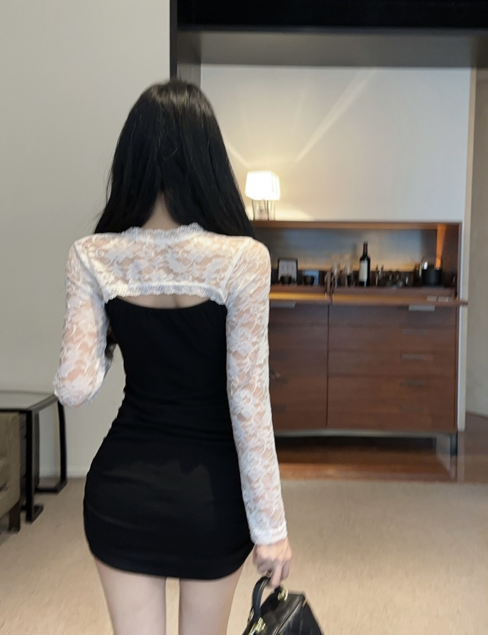 Lace perspective hollow package hip slim frenum dress