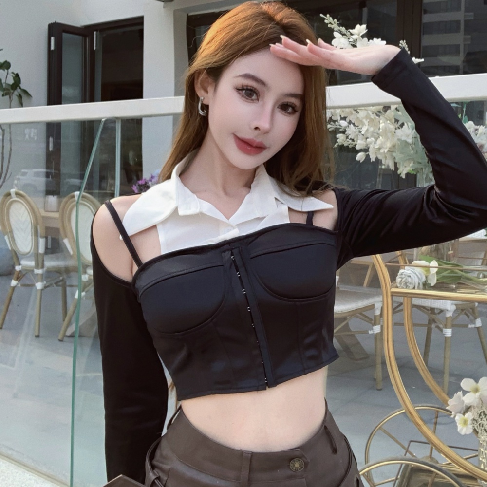 Slim strapless hollow shirt collar sexy collar tops for women