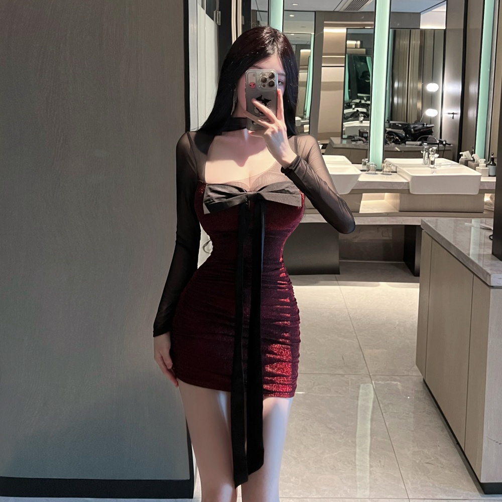 Irregular sloping shoulder sexy gauze tight dress for women