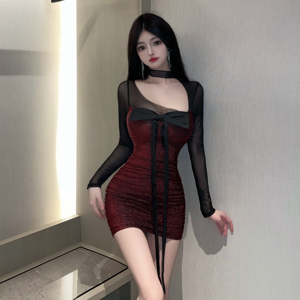 Irregular sloping shoulder sexy gauze tight dress for women