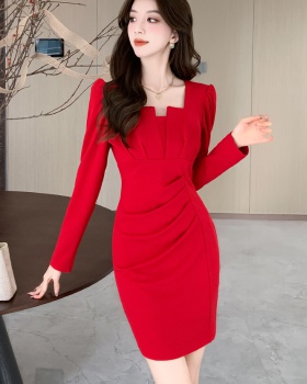 Autumn fashion V-neck package hip tight dress