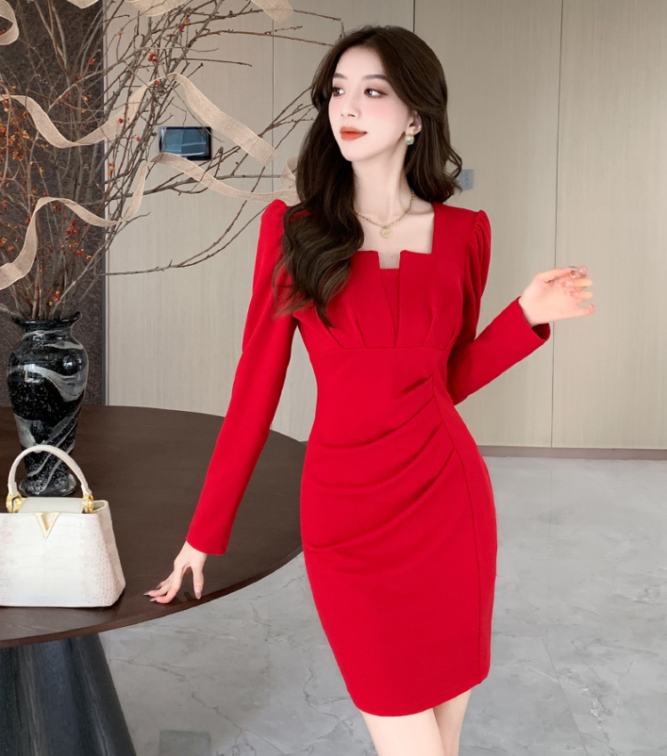 Autumn fashion V-neck package hip tight dress