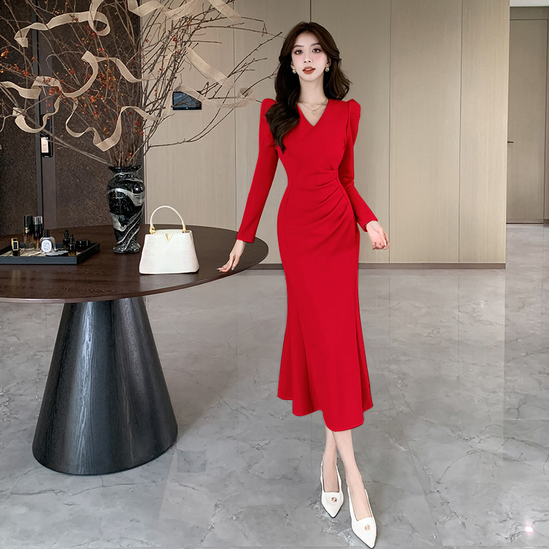 Fashion autumn dress temperament package hip long dress