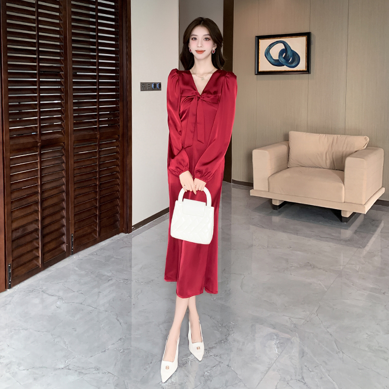 Long sleeve autumn dress package hip bow long dress