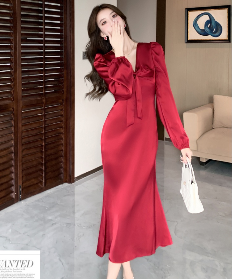 Long sleeve autumn dress package hip bow long dress