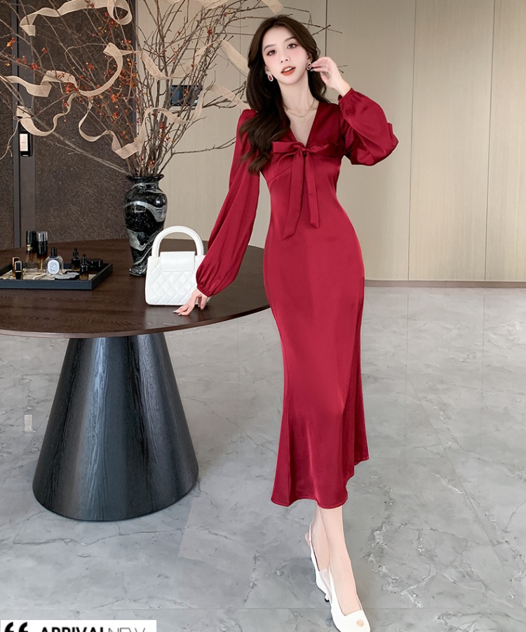 Long sleeve autumn dress package hip bow long dress