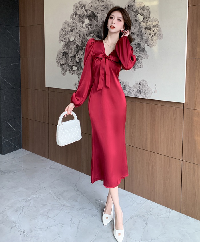 Long sleeve autumn dress package hip bow long dress