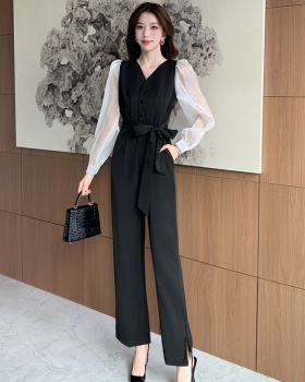 Autumn long sleeve jumpsuit bow mixed colors long pants