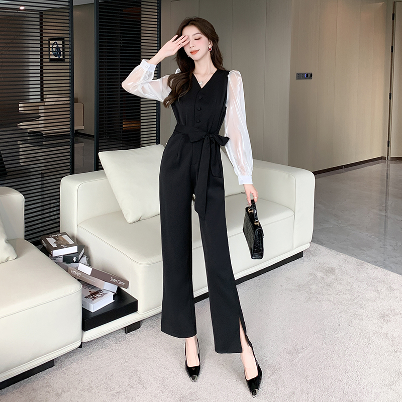 Autumn long sleeve jumpsuit bow mixed colors long pants