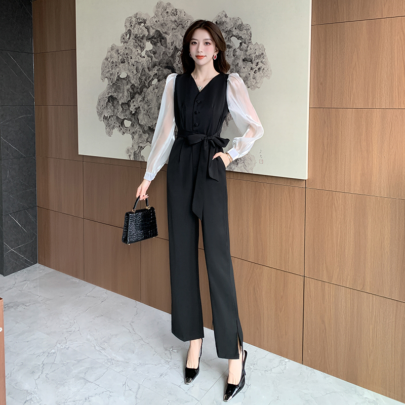 Autumn long sleeve jumpsuit bow mixed colors long pants