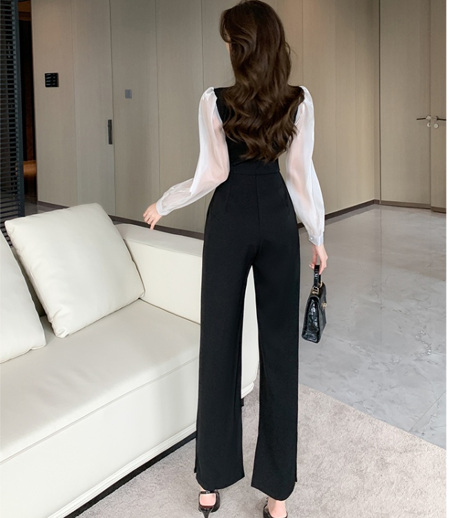 Autumn long sleeve jumpsuit bow mixed colors long pants