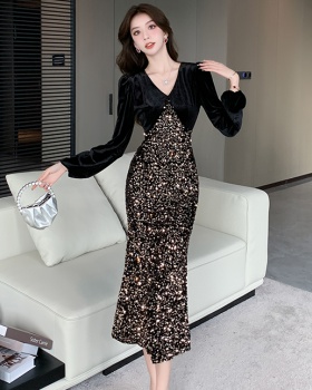 Autumn and winter sequins dress splice long dress