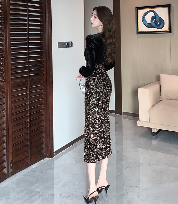 Autumn and winter sequins dress splice long dress