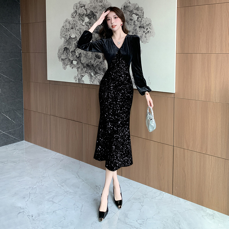 Autumn and winter sequins dress splice long dress