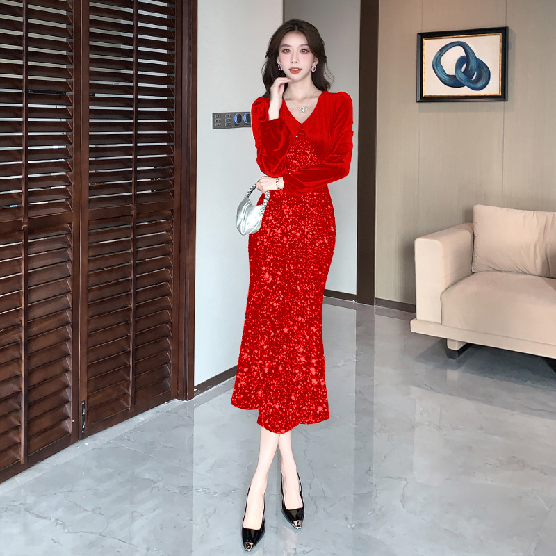 Autumn and winter sequins dress splice long dress