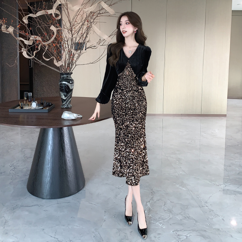 Autumn and winter sequins dress splice long dress