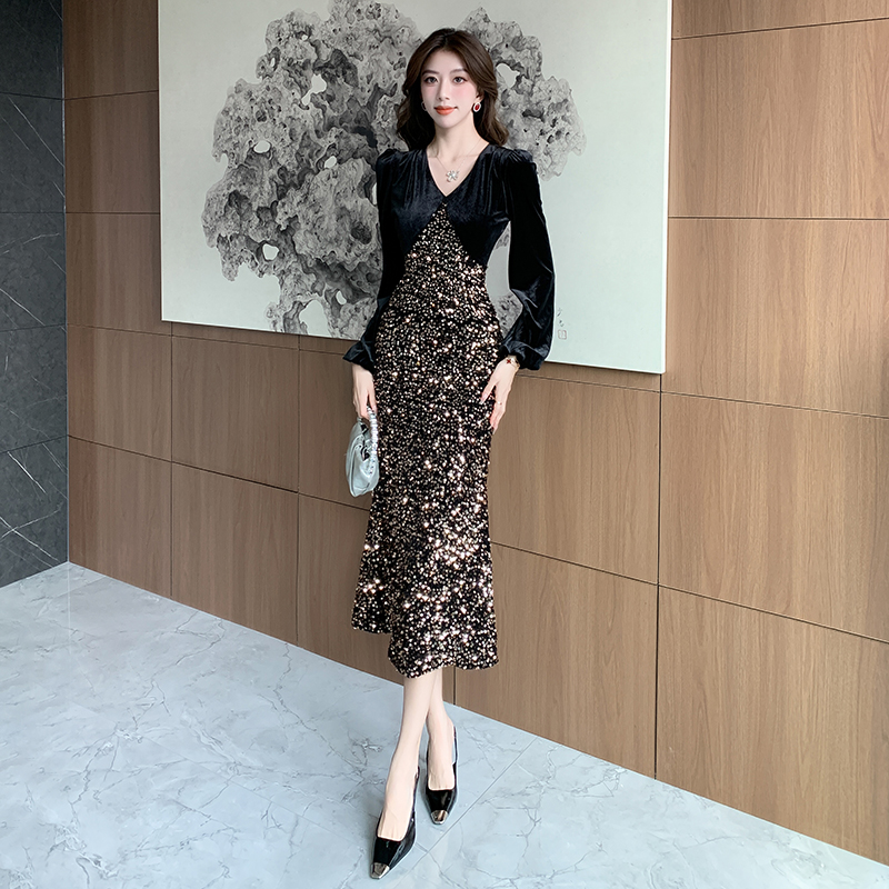 Autumn and winter sequins dress splice long dress