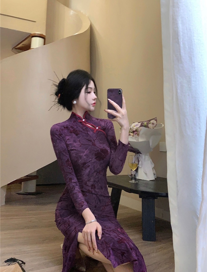 Long sleeve cheongsam dress for women