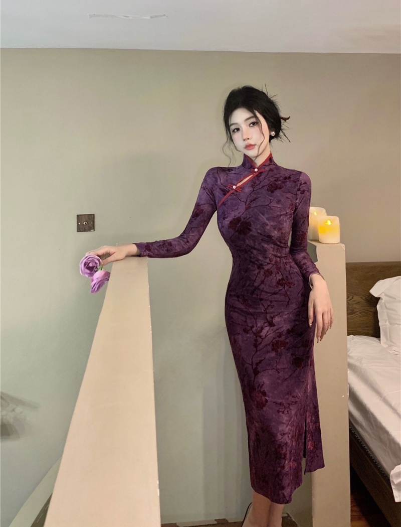 Long sleeve cheongsam dress for women