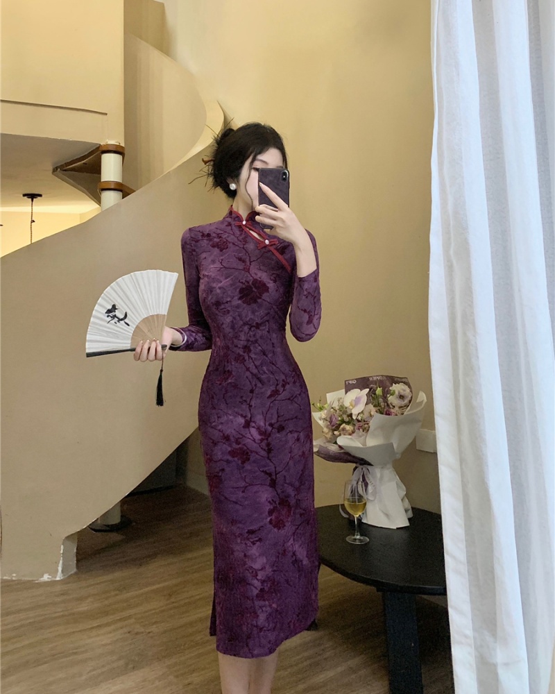 Long sleeve cheongsam dress for women