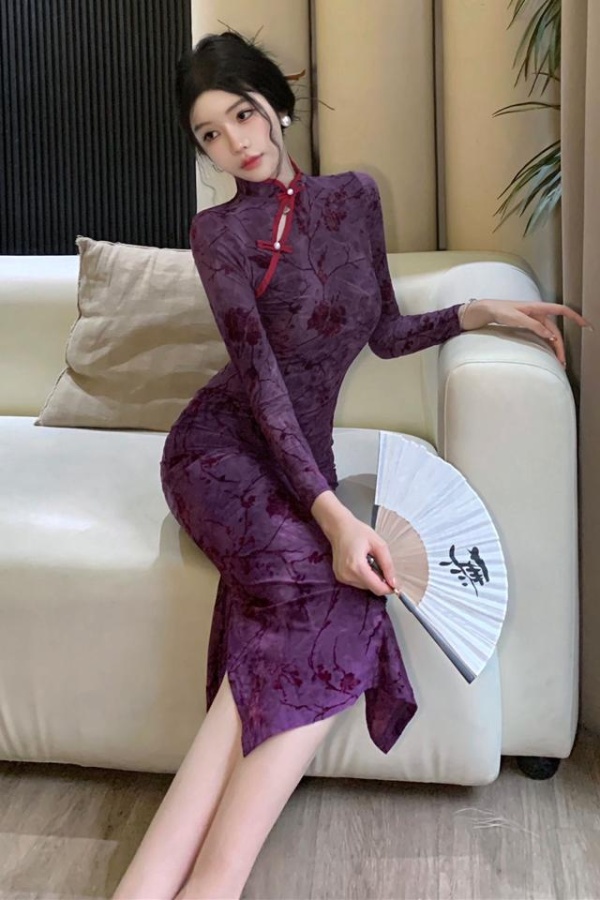 Long sleeve cheongsam dress for women