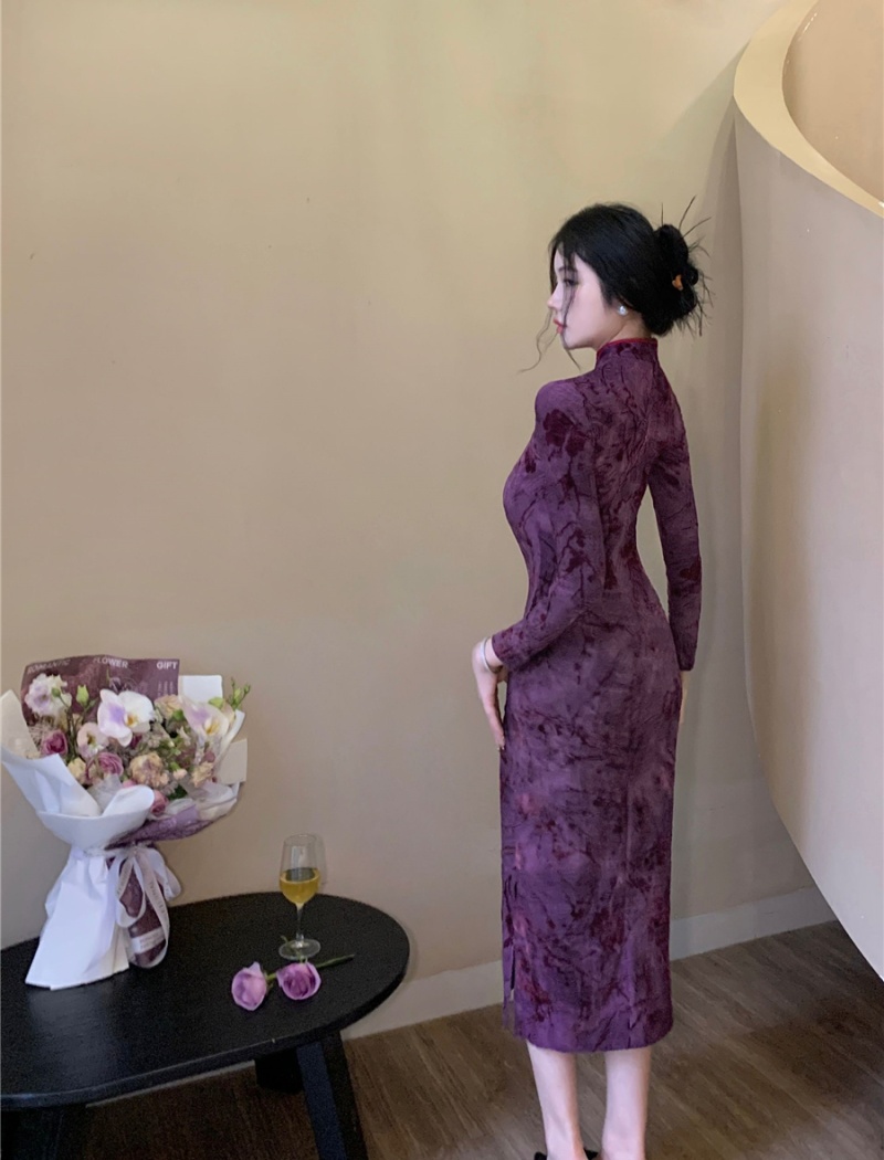 Long sleeve cheongsam dress for women