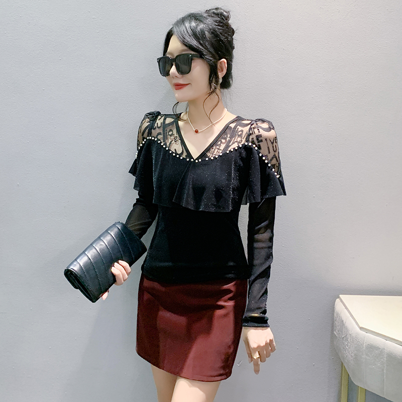 Splice fashion tops rhinestone bottoming shirt for women