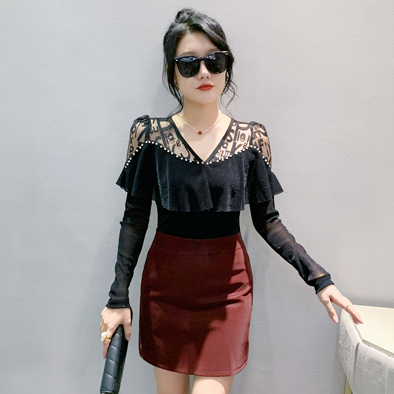 Splice fashion tops rhinestone bottoming shirt for women