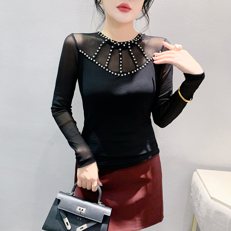 Round neck slim bottoming shirt beading unique tops