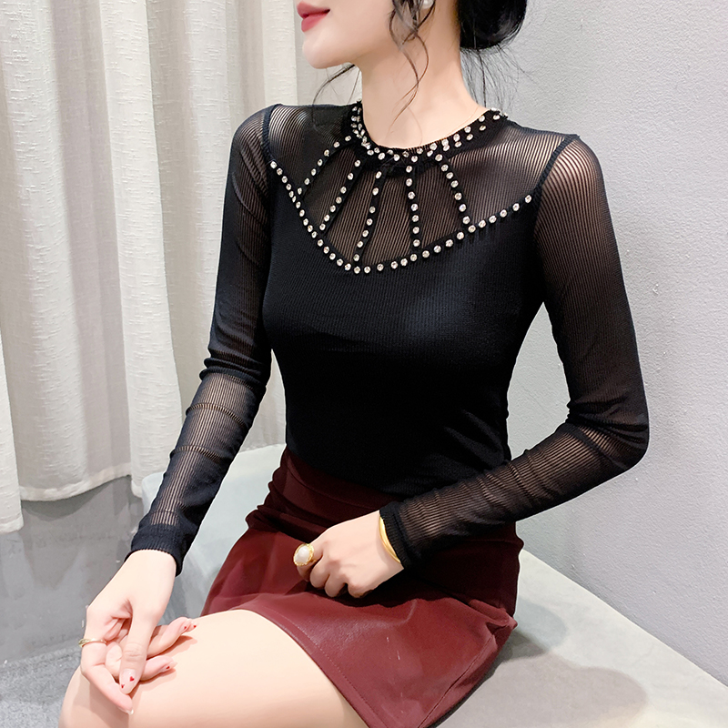 Round neck slim bottoming shirt beading unique tops