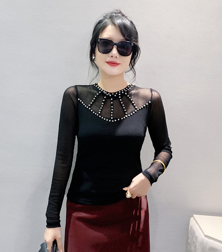 Round neck slim bottoming shirt beading unique tops