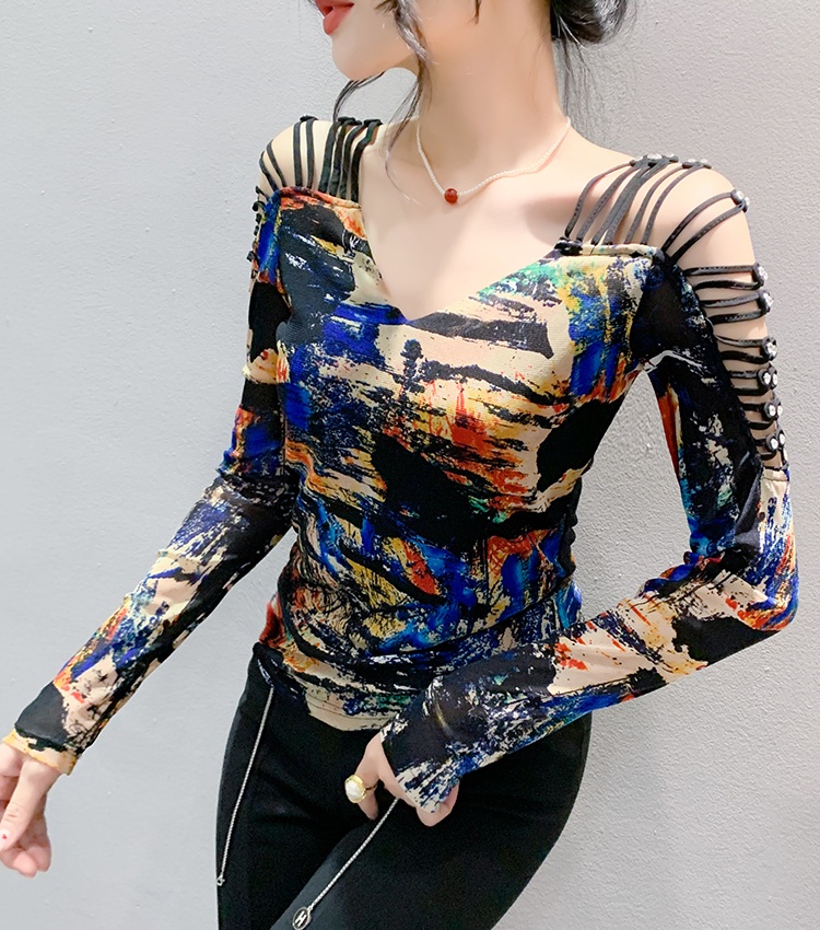 Beauty back gauze small shirt autumn tops for women