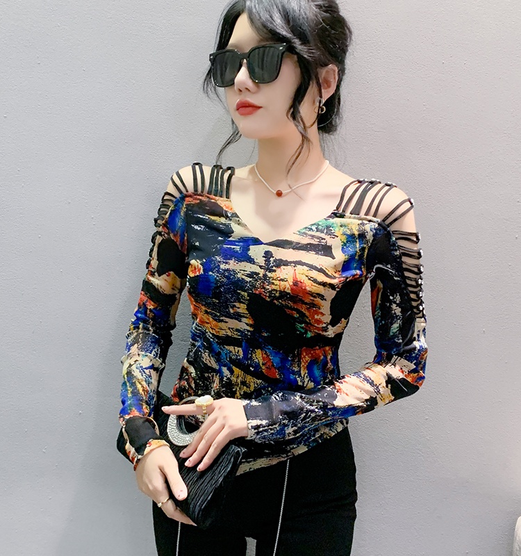 Beauty back gauze small shirt autumn tops for women