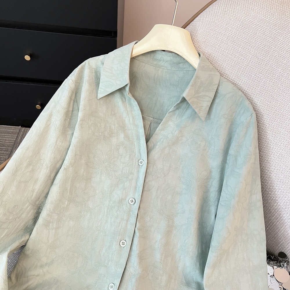 Green autumn unique shirt elegant V-neck small shirt