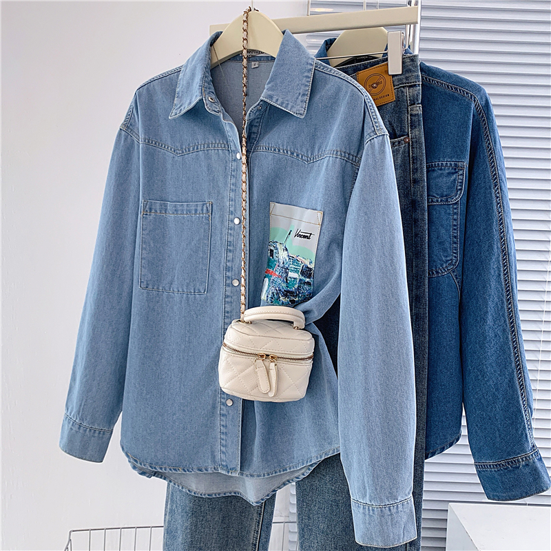 Blue loose lazy retro shirt autumn Casual denim tops