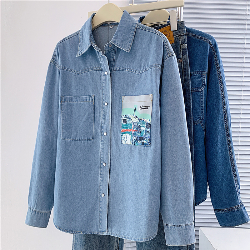 Blue loose lazy retro shirt autumn Casual denim tops