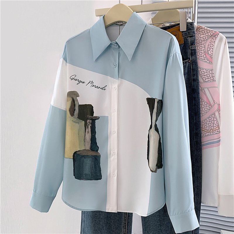 Unique autumn blue long sleeve Casual printing shirt