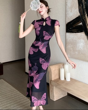 Butterfly printing purple dress slim pinched waist retro cheongsam