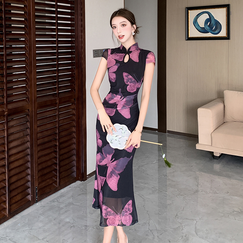 Butterfly printing purple dress slim pinched waist retro cheongsam