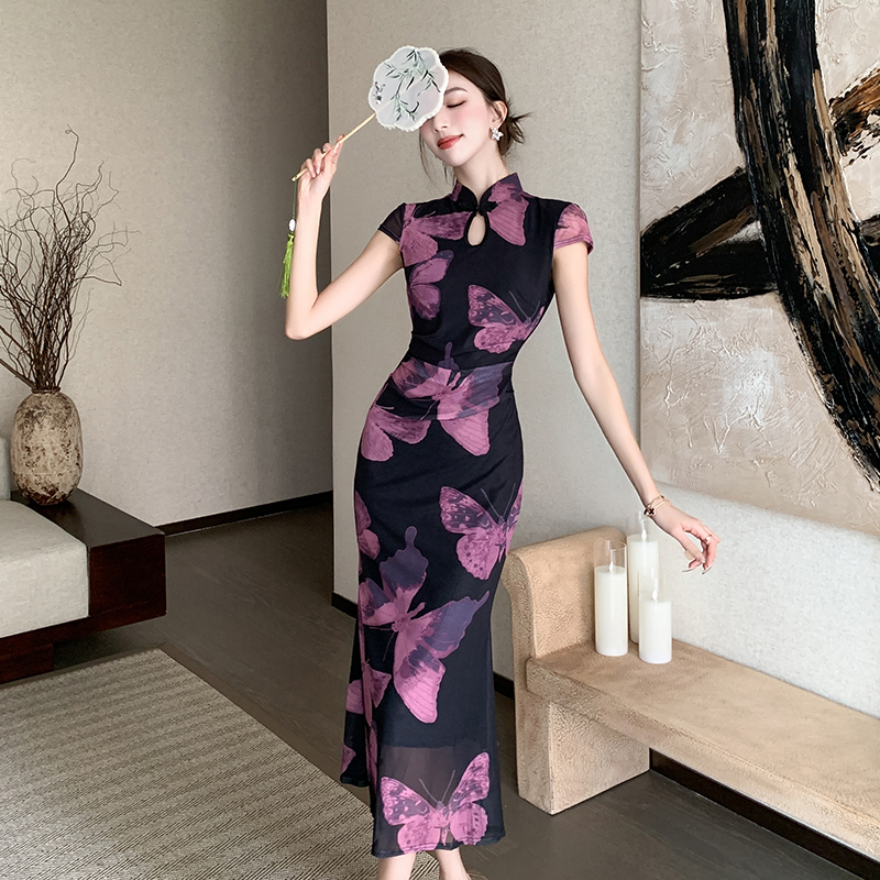 Butterfly printing purple dress slim pinched waist retro cheongsam