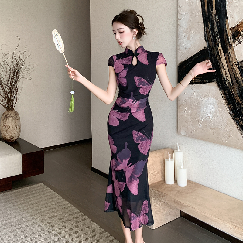 Butterfly printing purple dress slim pinched waist retro cheongsam