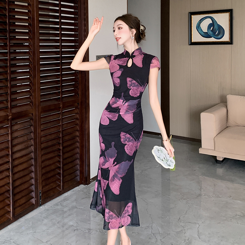 Butterfly printing purple dress slim pinched waist retro cheongsam