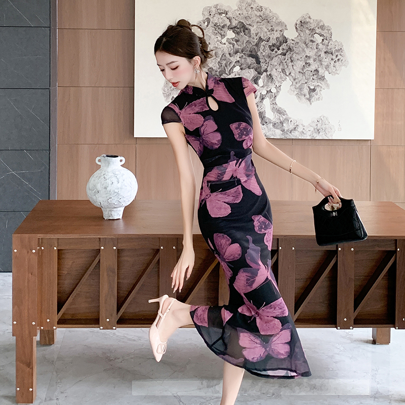 Butterfly printing purple dress slim pinched waist retro cheongsam