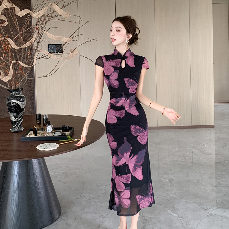 Butterfly printing purple dress slim pinched waist retro cheongsam