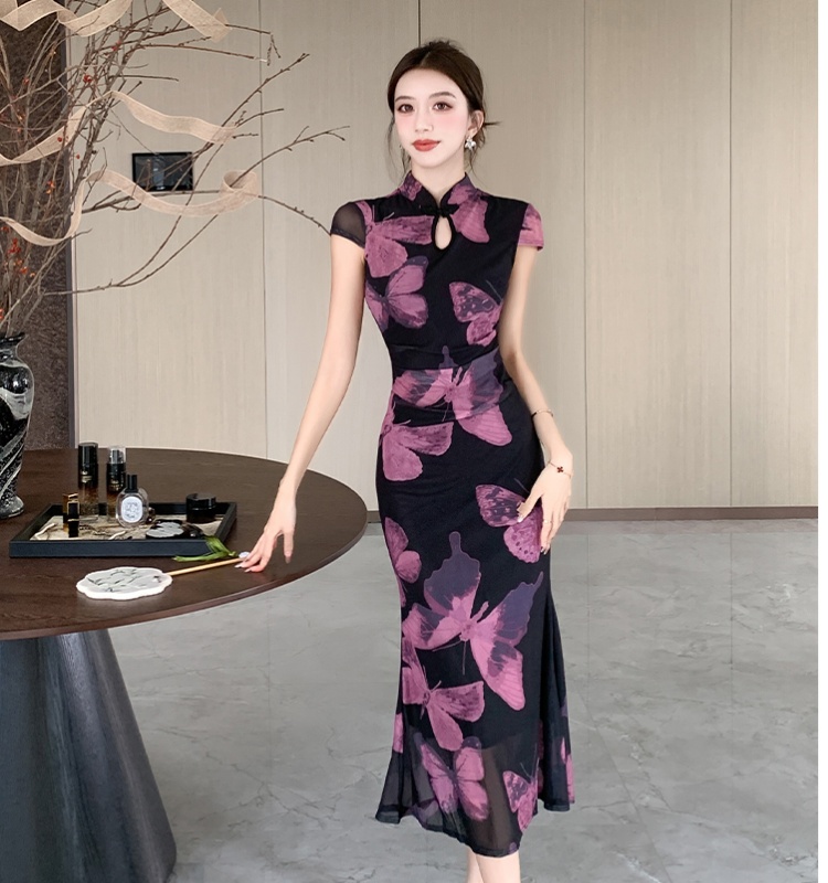 Butterfly printing purple dress slim pinched waist retro cheongsam