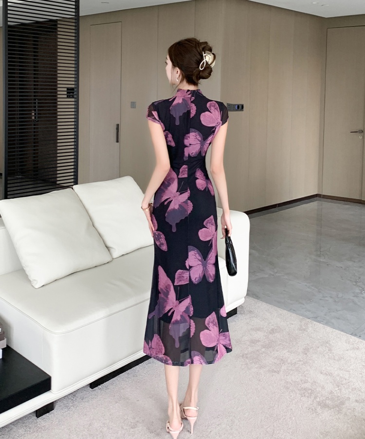 Butterfly printing purple dress slim pinched waist retro cheongsam