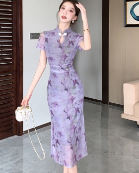 Retro pinched waist cheongsam gauze Chinese style dress