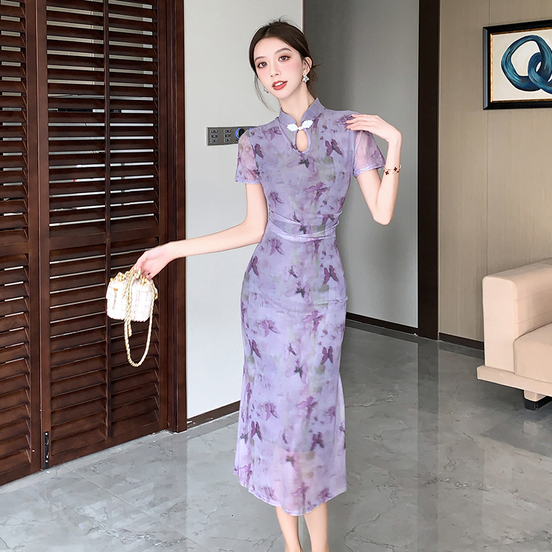 Retro pinched waist cheongsam gauze Chinese style dress